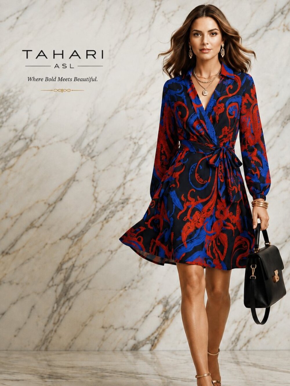 Tahari ASL Paisley Wrap Inspired Red Blue Dress Luxe Statement NWT Size 8